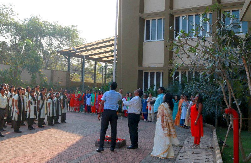 Chief Guest Shri. Antonio Fernandes, MLA of St. Cruz constituency seen unfurling the national flag on the occasion of the 69th Republic day of India. Also seen Guest of Honour Dr. Steffi Rodrigues and Principal, Mrs. Rupa Khope