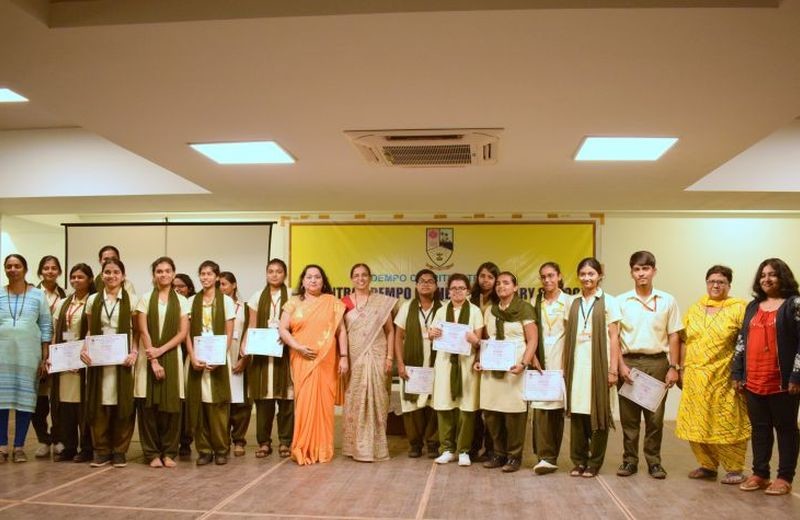 Principal Mrs. Rupa Khope and Vice Principal Mrs. Rekha K. Gurrala seen along with the judges, Teacher in charge of the Students Council and prize winners and other participants of the story telling competition organized to mark the National Youth Day.